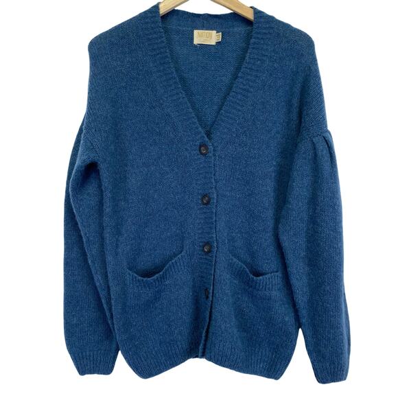 NATION Ltd Alpaca Wool Blend Cardigan Blue Puff Sleeve Sweater Cozy Chic Size XS - Picture 8 of 9